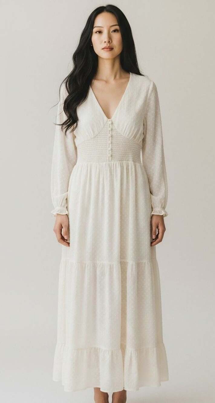 Patrons of Peace Cream Swiss Dot V-Neck Smocked Waist Maxi Dress